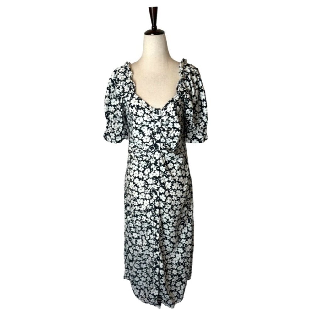 Who What Wear Dress Women Small Black White Floral Print Puff Sleeve Midi Boho — image 2 of 8